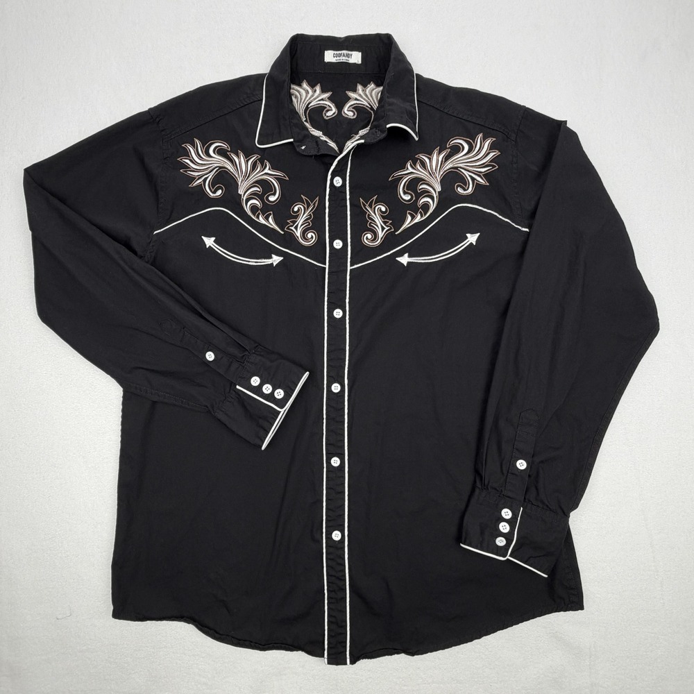 COOFANDY Mens Black Western Embroidered Long Sleeve Button Down Shirt L